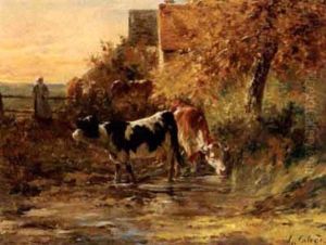 Woman Tending Cows In A Farmyard