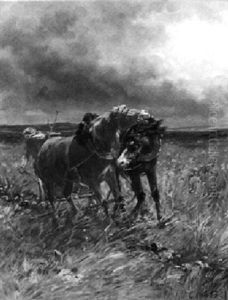 Von Einem Gewitter Uberraschter Bauer Am Pferdepflug by Leon Georges Calves