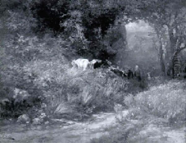 Baeuerin Mit Kuehen Im Wald - view 1