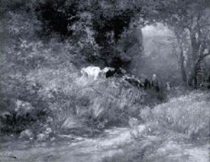 Baeuerin Mit Kuehen Im Wald Baeuerin Mit Kuehen Im Wald