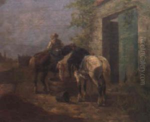 Campesino Con Caballos En El Establo by Leon Georges Calves