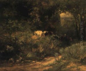 Waldlandschaft Mit Bauerinund Kuhherde Waldlandschaft Mit Bauerinund Kuhherde