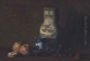 Apples, Red Grapes, A Tea Cup And Saucer And A Porcelain Vase On A Table by Henri Bernard Calvet