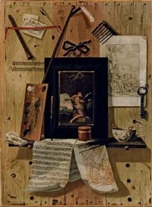 Trompe L'oeil Con Un Disegno, Un'incisione Di Carlo Sferini, Uno Spartito Musicale, Una Tavolozza Di Colori Ed Un Quadro Raffigurante San Girolamo by Antonio Calza