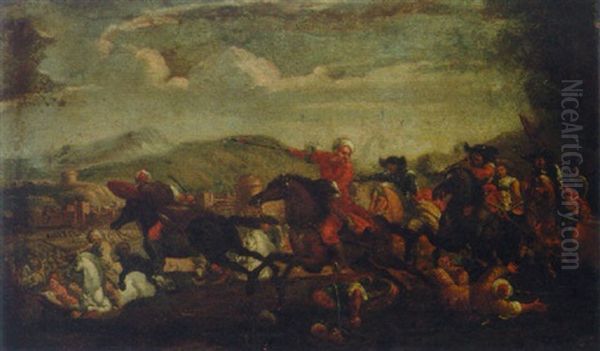 Christians Engaging Turks, A Fortified Town And Military Encampment Beyond - view 1