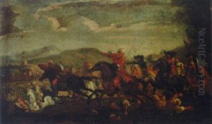 Christians Engaging Turks, A Fortified Town And Military Encampment Beyond by Antonio Calza