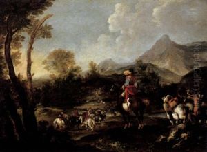 A Mountainous Valley With Soldiers On Horseback Crossing A River