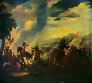 Reitergefecht In Einer Sudlichen Gebirgslandschaft. by Antonio Calza