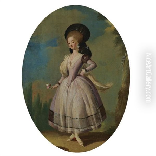 An Elegant Female Dancer, Wearing A Yellow Dress And A Blue Veil, A Servant Girl Looking On (+ An Elegant Female Dancer, Wearing A Pink Dress And Holding A Bunch Of Flowers; Pair) - view 1