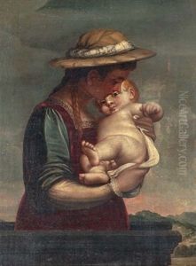 A Woman With A Straw Hat Holding A Child On A Balcony, An Extensive Landscape Beyond