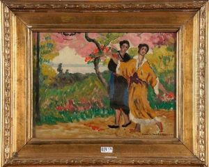 Jeunes Femmes Cueillant Des Fleurs by Louis Gustave Cambier