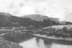 Man Fishing On Riverbank With Village Beyond Man Fishing On Riverbank With Village Beyond