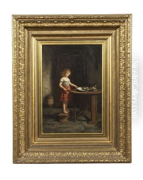 The Morning Meal, Cottage Interior With A Girl Feeding A Cat - view 1