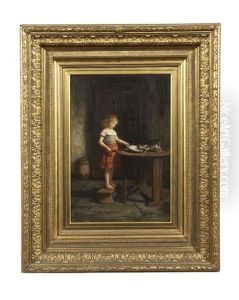 The Morning Meal, Cottage Interior With A Girl Feeding A Cat by Hugh Cameron