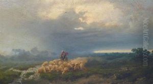 Troupeau Et Son Berger Pres Du Ruisseau by Giuseppe Camino
