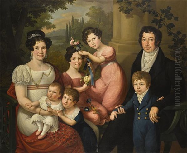 Family Portrait, Believed To Be The Borbone-spagna Family: Maria Isabella (1789-1884) With Her Husband Francis I Of The Two Sicilies (1777-1830), With Their Children, A Landscape Beyond - view 1