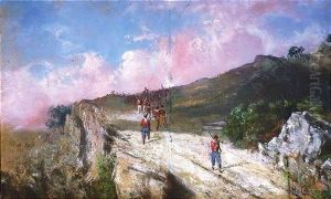 Bergige Landschaft Mit Marschierenden Soldaten