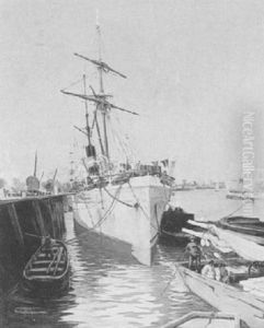 A Harbour Scene by Jacques-Marie Omer Camoreyt