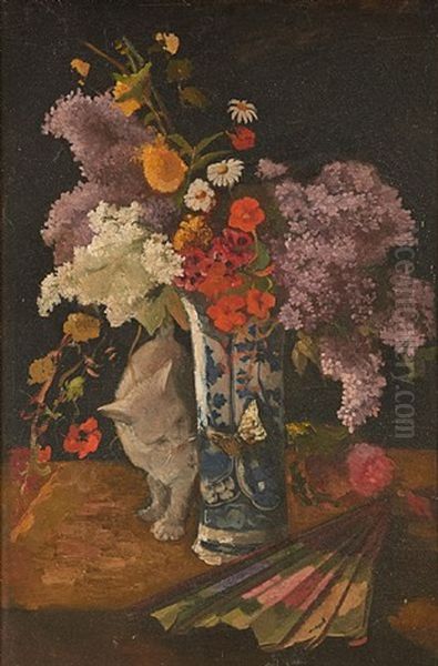 Composition Au Vase Fleuri Et Chat - view 1