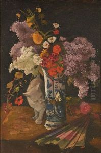 Composition Au Vase Fleuri Et Chat by Camille Van Camp