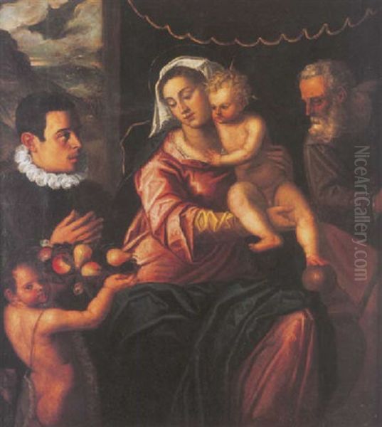 The Holy Family With The Infant Saint John The Baptist, With A Male Donor In Attendance by Domenico Campagnola