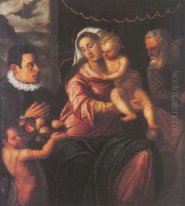 The Holy Family With The Infant Saint John The Baptist, With A Male Donor In Attendance by Domenico Campagnola