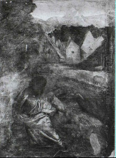 Seated Figures Watching Oxen Pulling A Cart - view 1