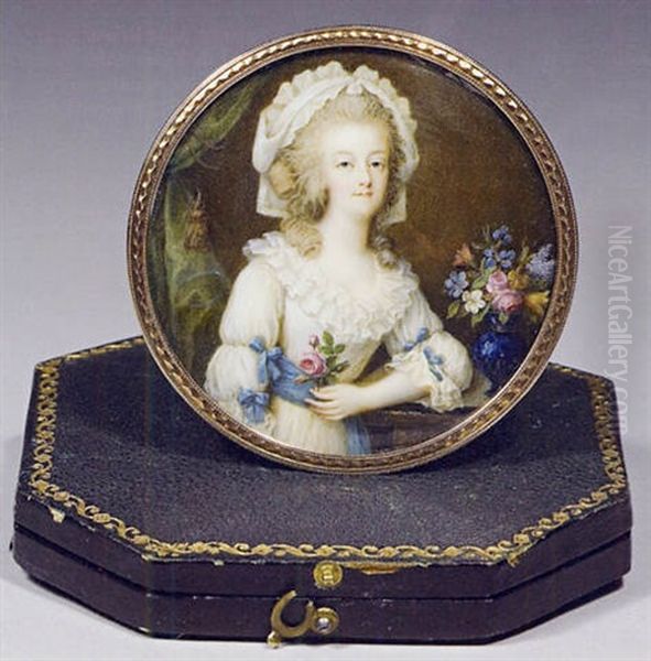 La Reine Marie-antoinette Accoudeewc Pres D'un Bouquet, Une Rose A La Main - view 1