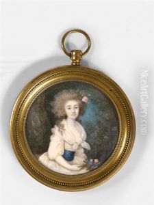 Portrait De Jeune Femme Au Bouquet En Robe Blanche A Ceinture Bleue, Dans Un Paysage