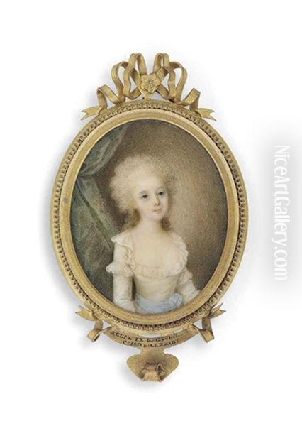 Aglae-charlotte-henriette De Briqueville As A Girl, In Decollete White Dress With Frill Trim, Tied At Her Waist With A Sky-blue Sash - view 1