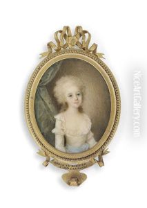 Aglae-charlotte-henriette De Briqueville As A Girl, In Decollete White Dress With Frill Trim, Tied At Her Waist With A Sky-blue Sash
