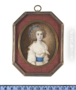 A Lady, Wearing White Dress With Wide Blue Sash And Blue Ribbon In Her Powdered Hair