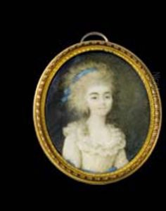 Portrait De Jeune Femme En Robe De Soie Ivoire Coiffee A 'la Conseilleur' Et Ruban De Soie Bleue