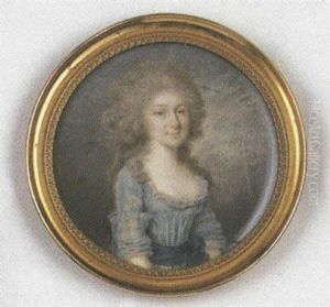 Femme Vetue D'une Robe De Soie Bleue Ciel Ceinturee De Bleu De Prusse Et Coiffee A La Conseilleur