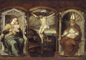 Der Gekreuzigte Christus Zwischen Maria Mit Dem Kind Und Einem Heiligen Bischof Der Gekreuzigte Christus Zwischen Maria Mit Dem Kind Und Einem Heiligen Bischof