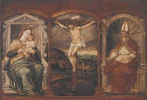 The Crucifixion, Flanked By The Virgin And Child Enthroned And A Bishop Saint