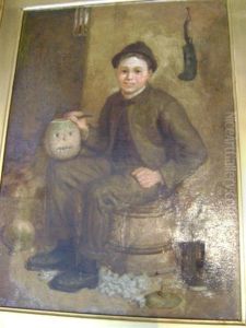 Boy Carving A Turnip Seated On A Barrel