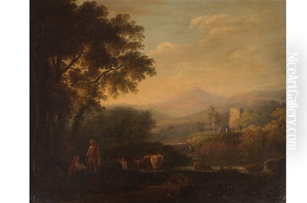 A Landscape In Co. Wicklow, With The Sugar Loaf Mountain In The Distance, Figures And Animals In The Foreground, And A Castle In The Middle Distance - view 1