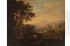 A Landscape In Co. Wicklow, With The Sugar Loaf Mountain In The Distance, Figures And Animals In The Foreground, And A Castle In The Middle Distance by John Henry Campbell