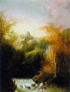 Landscape With Fisherman Pulling His Net From A Stream by John Henry Campbell