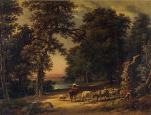 Bergere Avec Vaches Et Moutons Dans Un Sous-bois Pres De La Mer by Ottavio Campedelli