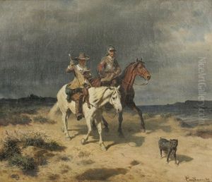 Ritter Und Lesender Begleiter Zu Pferde An Der Kuste