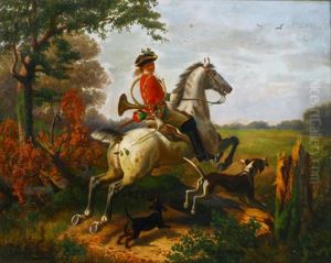Hornist Auf Seinem Schimmel Und Mit Hunden Beim Querfeldeinritt Hornist Auf Seinem Schimmel Und Mit Hunden Beim Querfeldeinritt