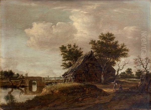Fermes En Bordure De Riviere; A Gauche, A L'arriere Plan, Un Village Avec Son Eglise Et Son Moulin - view 1