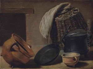 An Earthenware Pot, A Cast Iron Frying Pan And A Cooking Pot, With A Basket And Cloth, Set Before A Hearth by Govert Camphuysen