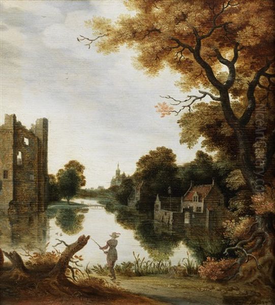 A River Landscape With A Fisherman Before A Village - view 1