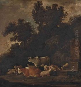 A Wooded Landscape With Cattle, Sheep And Goats By A Fountain by Govert Dircksz. Camphuysen