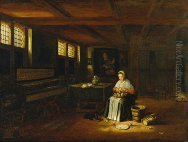 A Woman In An Interior Peeling Vegetables - view 1