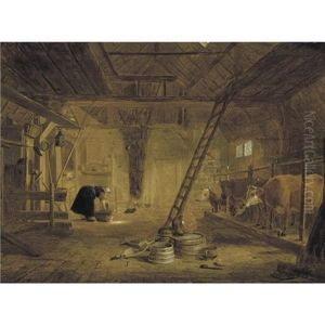 A Barn Interior With Four Cows, A Milk Maid Cleaning A Pot, And Earthenware Pots In The Foreground