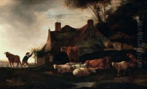 Kuhhirte Mit Kuhen Und Schafen Vor Dem Gehoft by Govert Dircksz. Camphuysen